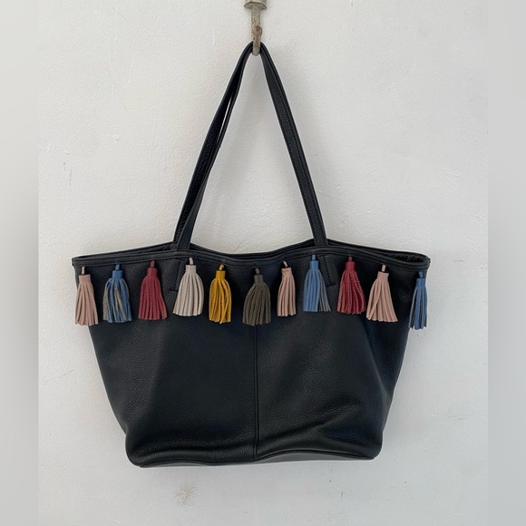 Rebecca Minkoff Leather Tassel Tote Bag Black Multi-Color Pockets - Picture 4 of 12